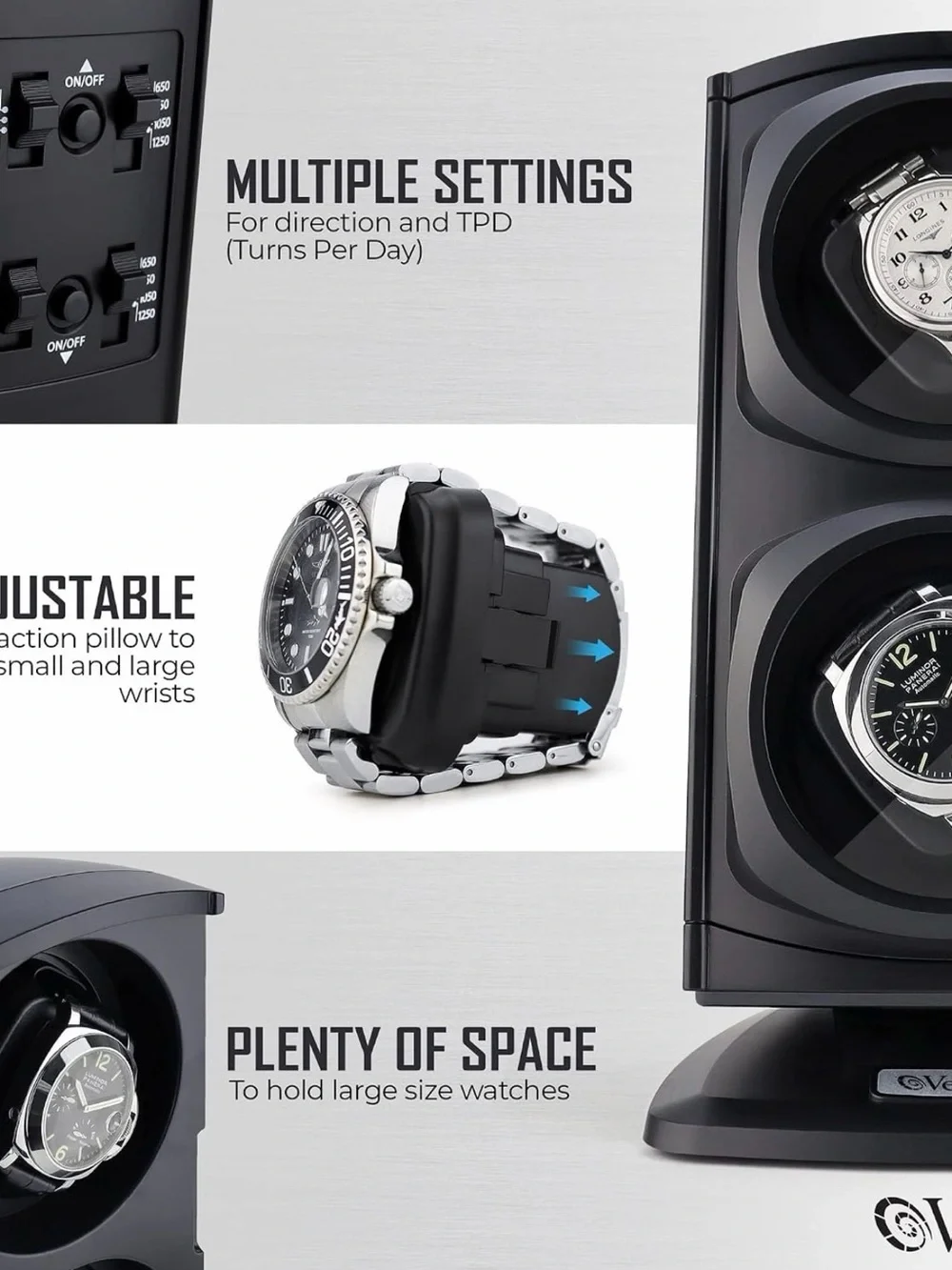 Dual Watch Winder in Black for Smartwatches and Automatic Watches